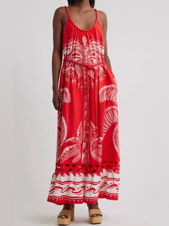 FARM Rio Dresses & Skirts - NWT Farm Rio Red Linen Blend Majestic Coconut Tree Maxi Dress Tropical Sz L